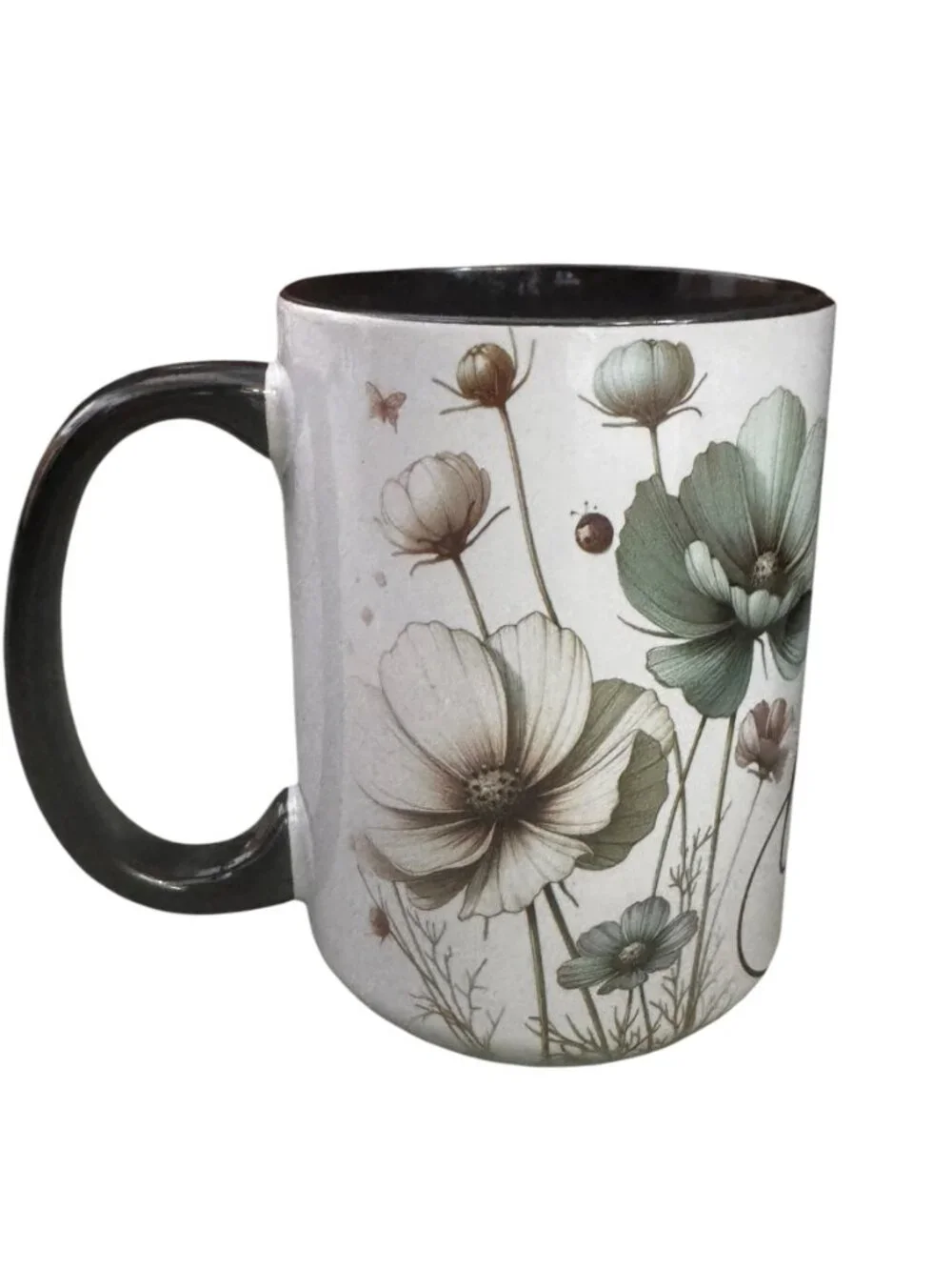 Love Grows Here Floral Ceramic Coffee Mug, Black Interior